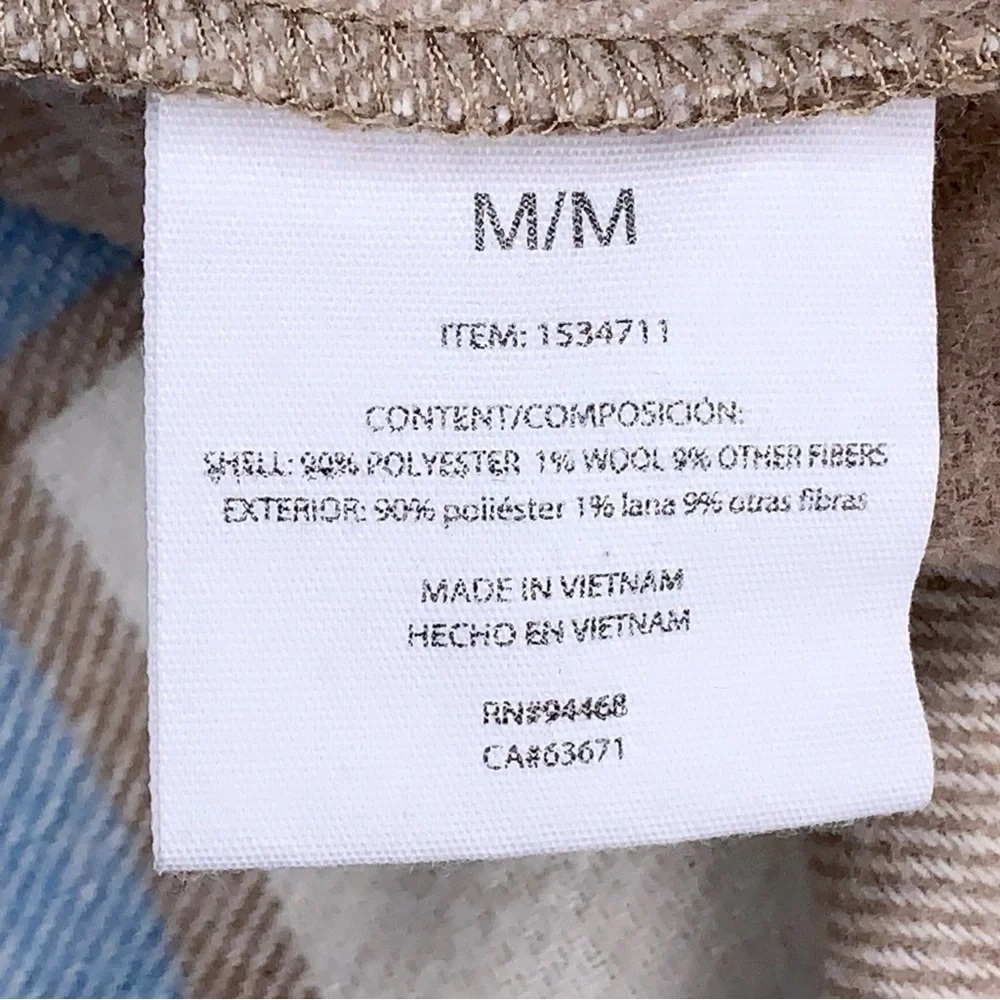 Medium HFX Flannel Shirt Jacket Snap Button Closure Beige Blue Plaid Wool Blend